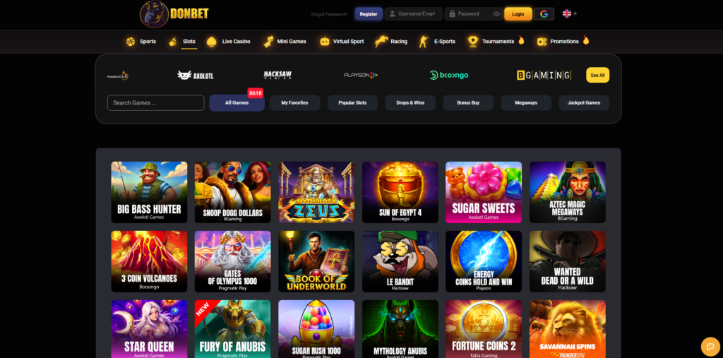 DonBet casino and sportsbook dashboard with game lobby visible for UK players