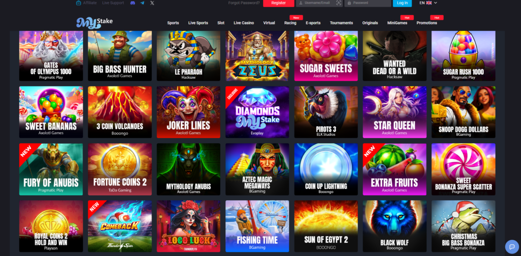 MyStake casino homepage showing casino, live dealer and sportsbook navigation