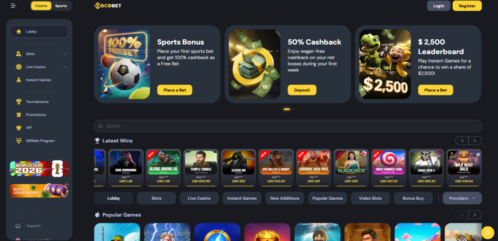 CocoBet crypto-first casino cashier and game lobby for UK non-GamStop players