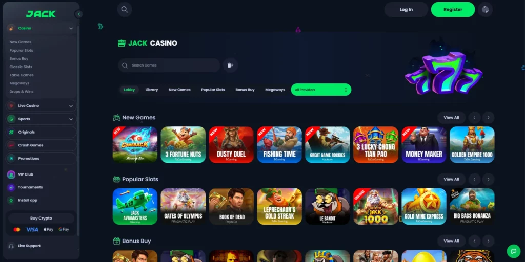 JACK non-GamStop casino lobby and sportsbook interface for UK players